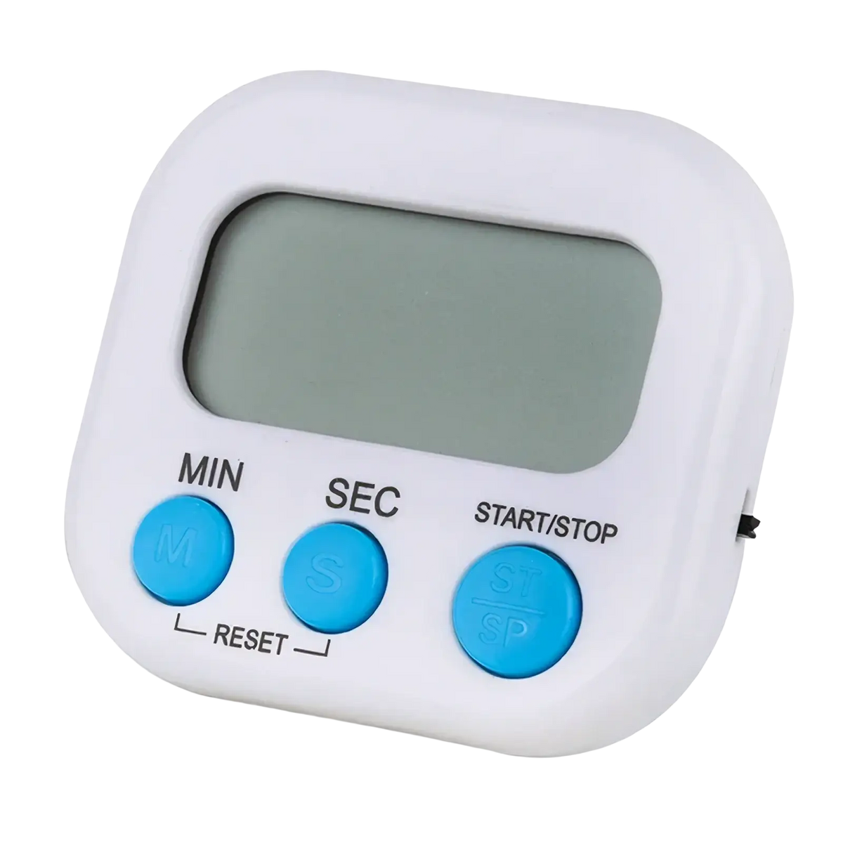 White digital kitchen timer with bright blue min sec and start stop buttons magnetic countdown clock
