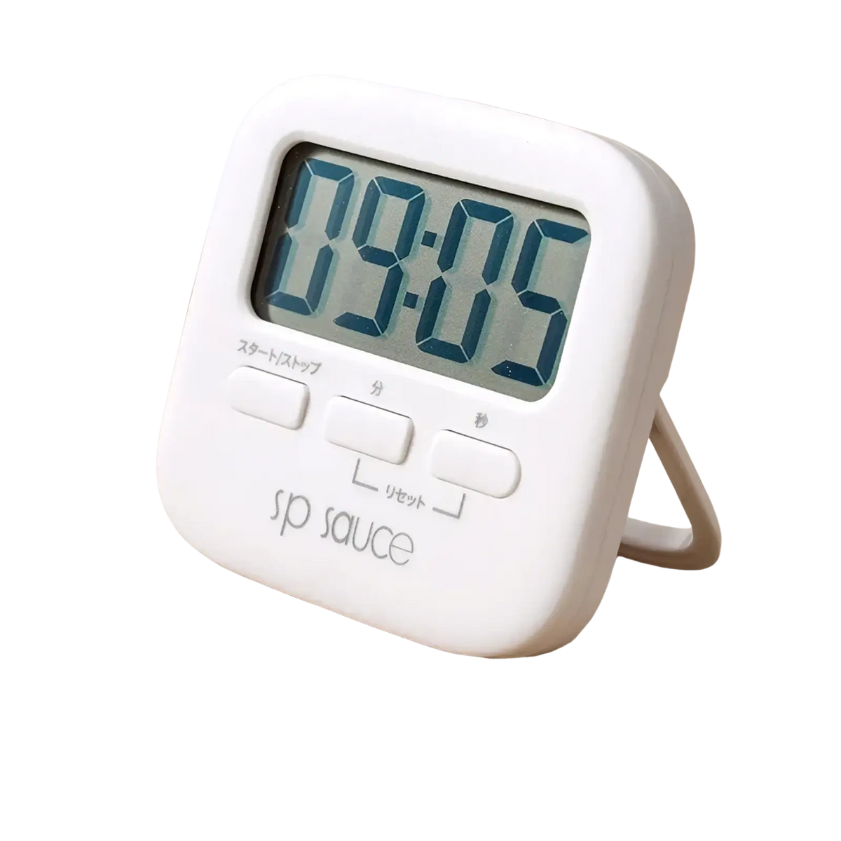 White digital kitchen timer with blue led display and three japanese labeled control buttons magnetic countdown clock