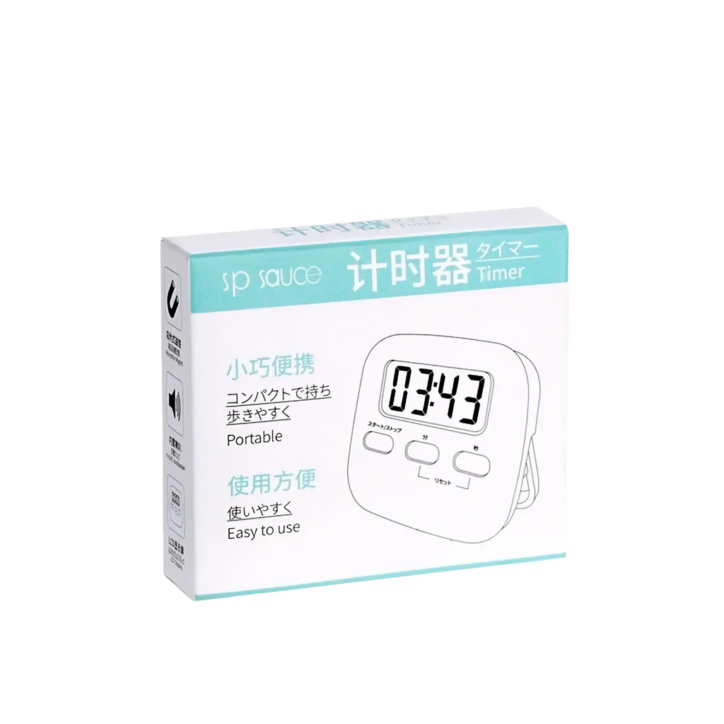 Digital kitchen timer magnetic countdown clock in white with a compact rounded rectangular design and three buttons below display