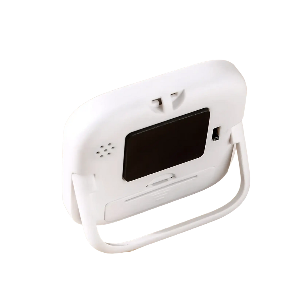 Digital kitchen timer magnetic countdown clock with white plastic body, curved stand, and black digital display screen