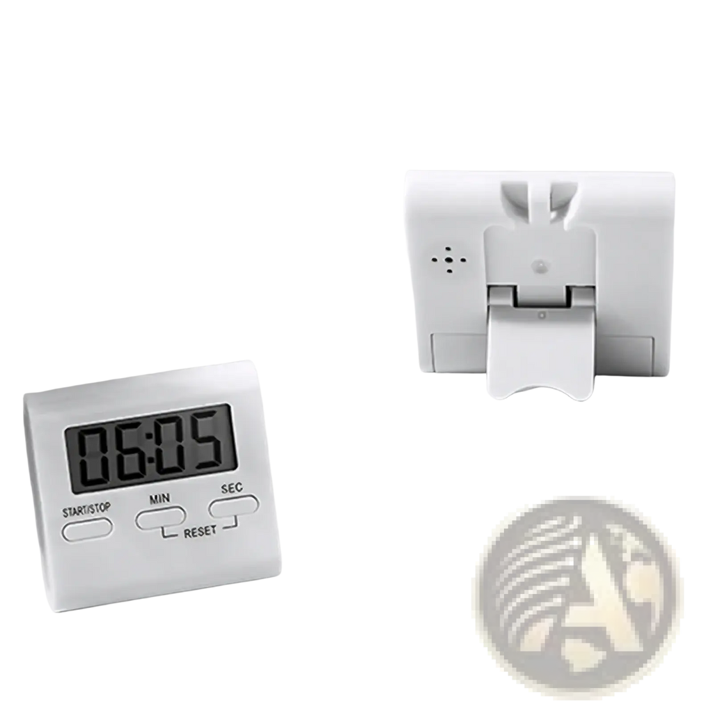 White digital kitchen timer with magnetic back and rectangular display showing 06 05 for countdown cooking use