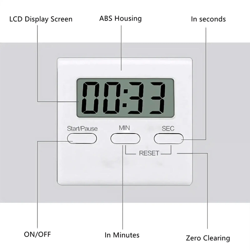 White rectangular digital kitchen timer with black lcd screen displaying 00:33 and labeled control buttons for countdown use