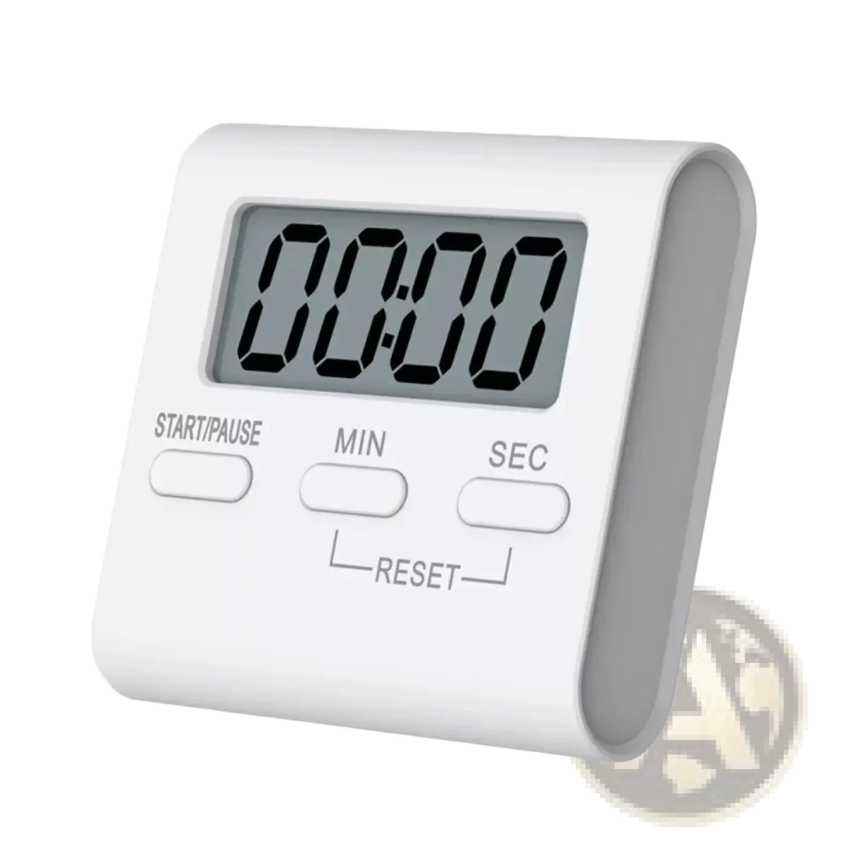 White digital kitchen timer with rectangular display, start pause min sec buttons, magnetic countdown cooking tool