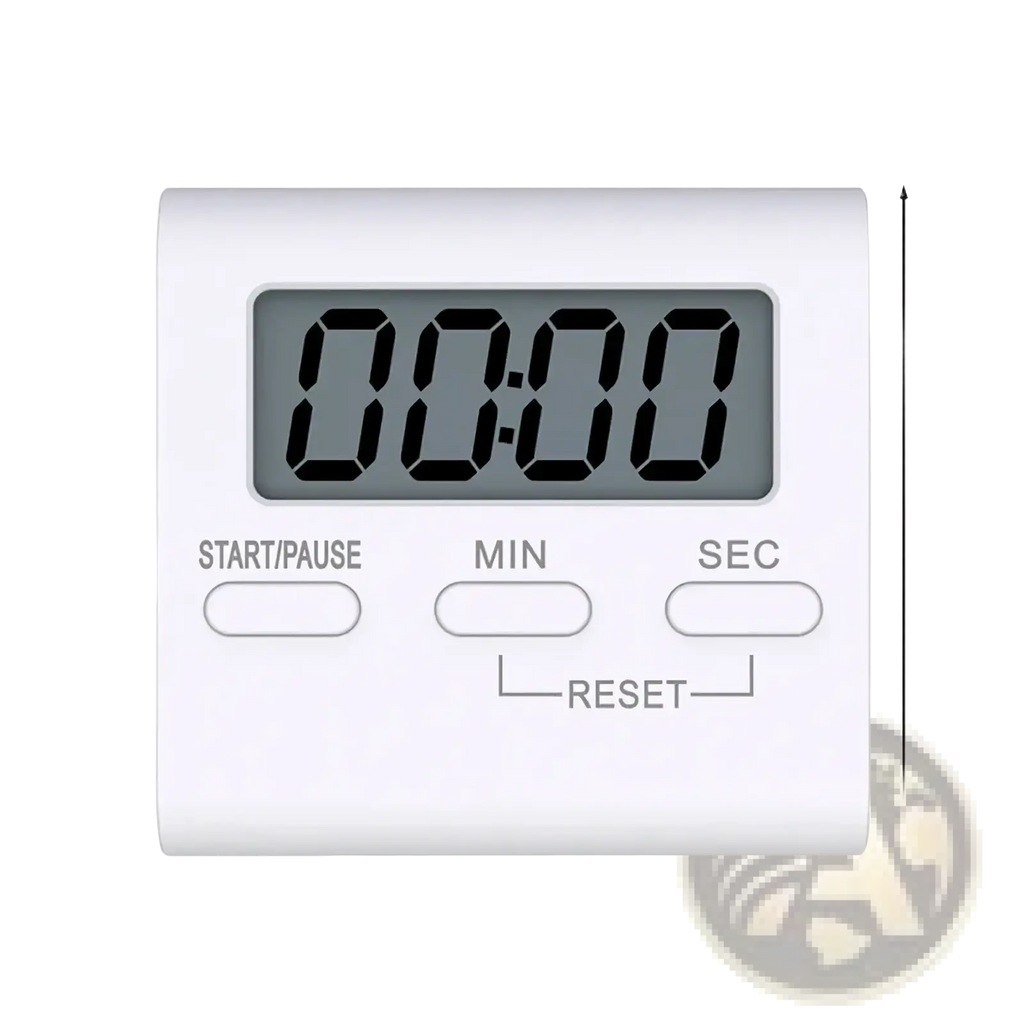 White rectangular digital kitchen timer with gray display and buttons for start pause min sec magnetic countdown tool