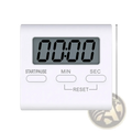 White rectangular digital kitchen timer with gray display and buttons for start pause min sec magnetic countdown tool