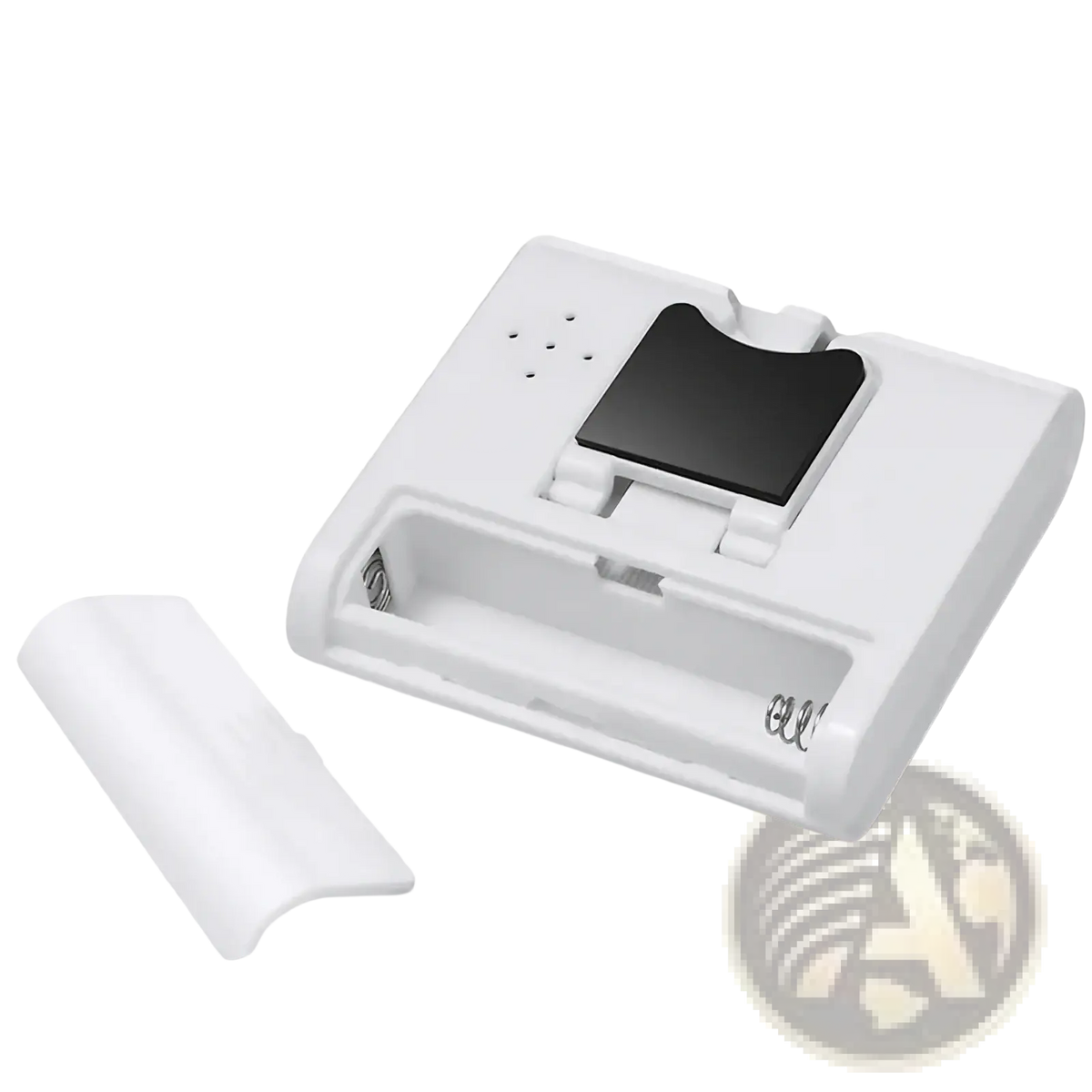 White plastic digital kitchen timer with black card slot and two battery compartments, removable cover, back side view