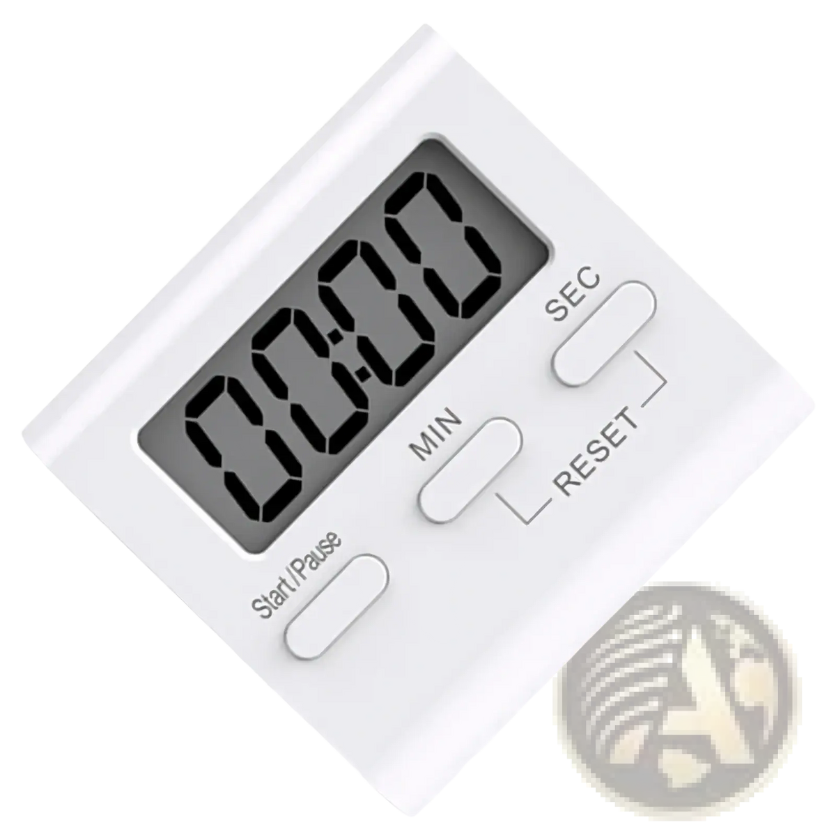 White digital kitchen timer with square design and three buttons for start pause min and sec in magnetic countdown tool