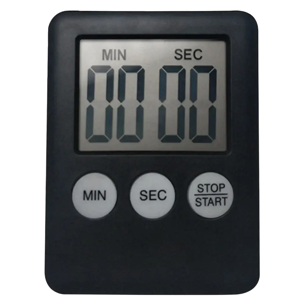 Digital kitchen timer magnetic stopwatch in black with rectangular display and min sec stop start buttons