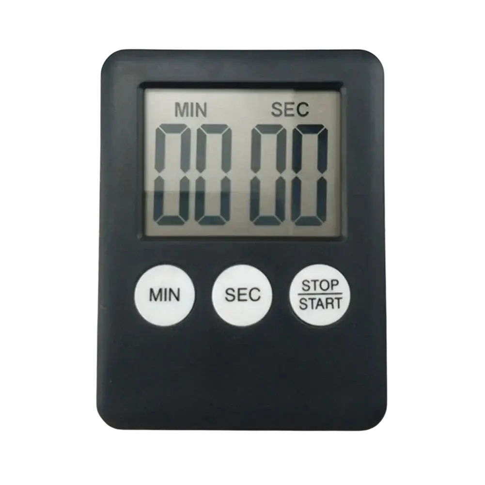 Black digital kitchen timer magnetic stopwatch with rectangular body, three white buttons, displaying 00:00 on screen