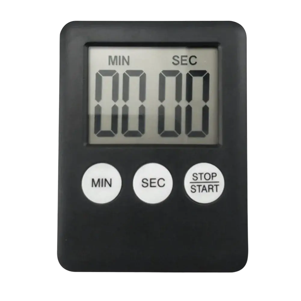 Digital kitchen timer magnetic stopwatch in black with rectangular display and three white circular control buttons