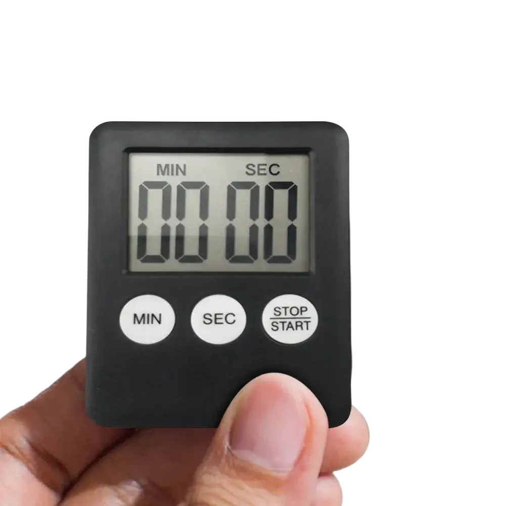 Digital kitchen timer magnetic stopwatch with a black square face and white min sec and stop start buttons