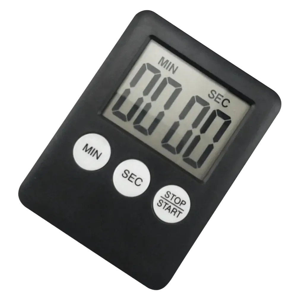 Black digital kitchen timer with a magnetic stopwatch feature and three white buttons for min sec and stop start