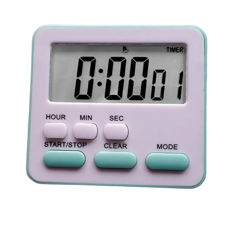 A digital kitchen timer with a white and mint green plastic casing and silent countdown clock display
