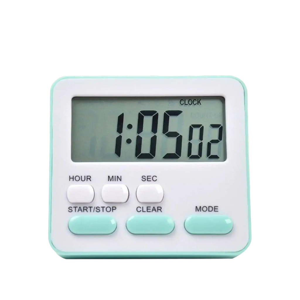 A compact digital kitchen timer with white body and mint green trim featuring a silent countdown lcd display