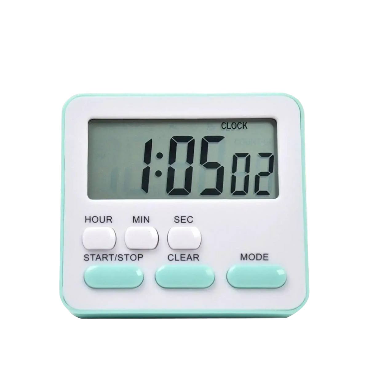 A compact digital kitchen timer with white body and mint green trim featuring a silent countdown lcd display