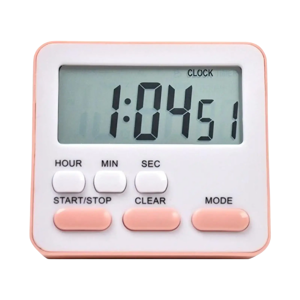 A compact digital kitchen timer in white and blush pink with a rectangular LCD screen showing time 1 04 51