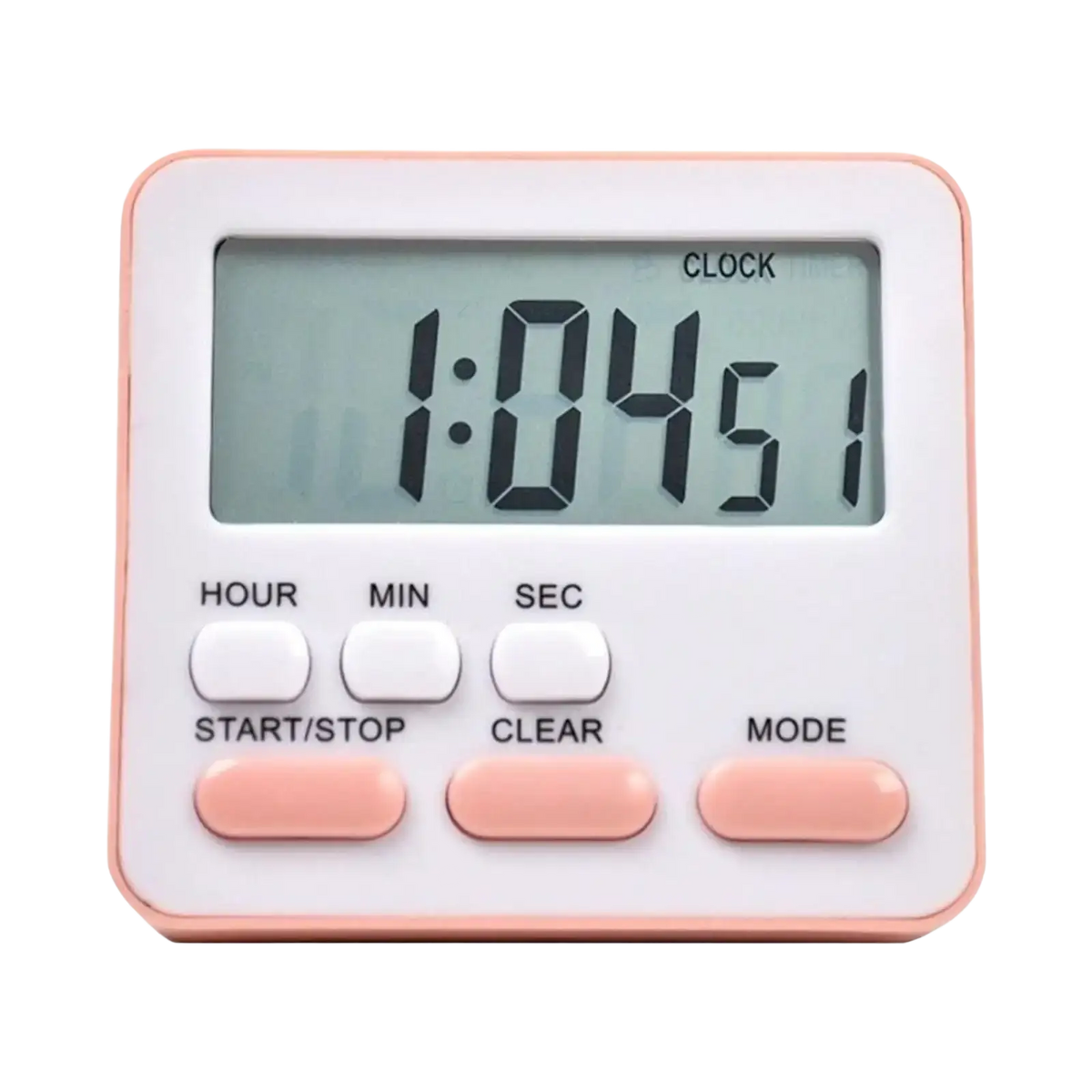 A compact digital kitchen timer in white and blush pink with a rectangular LCD screen showing time 1 04 51