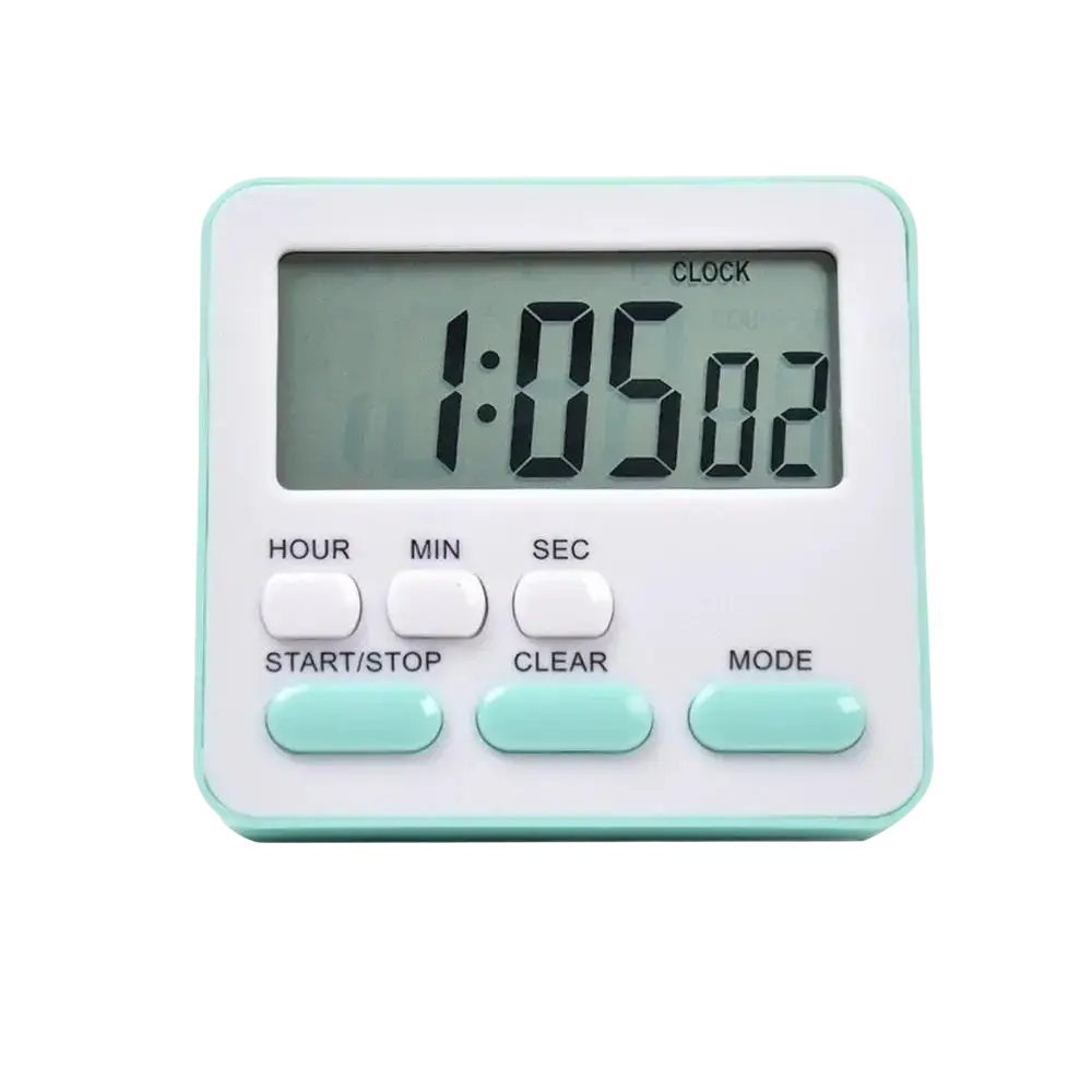 A compact rectangular digital kitchen timer with a white body and teal accents for silent countdown use