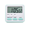 A compact rectangular digital kitchen timer with a white body and teal accents for silent countdown use