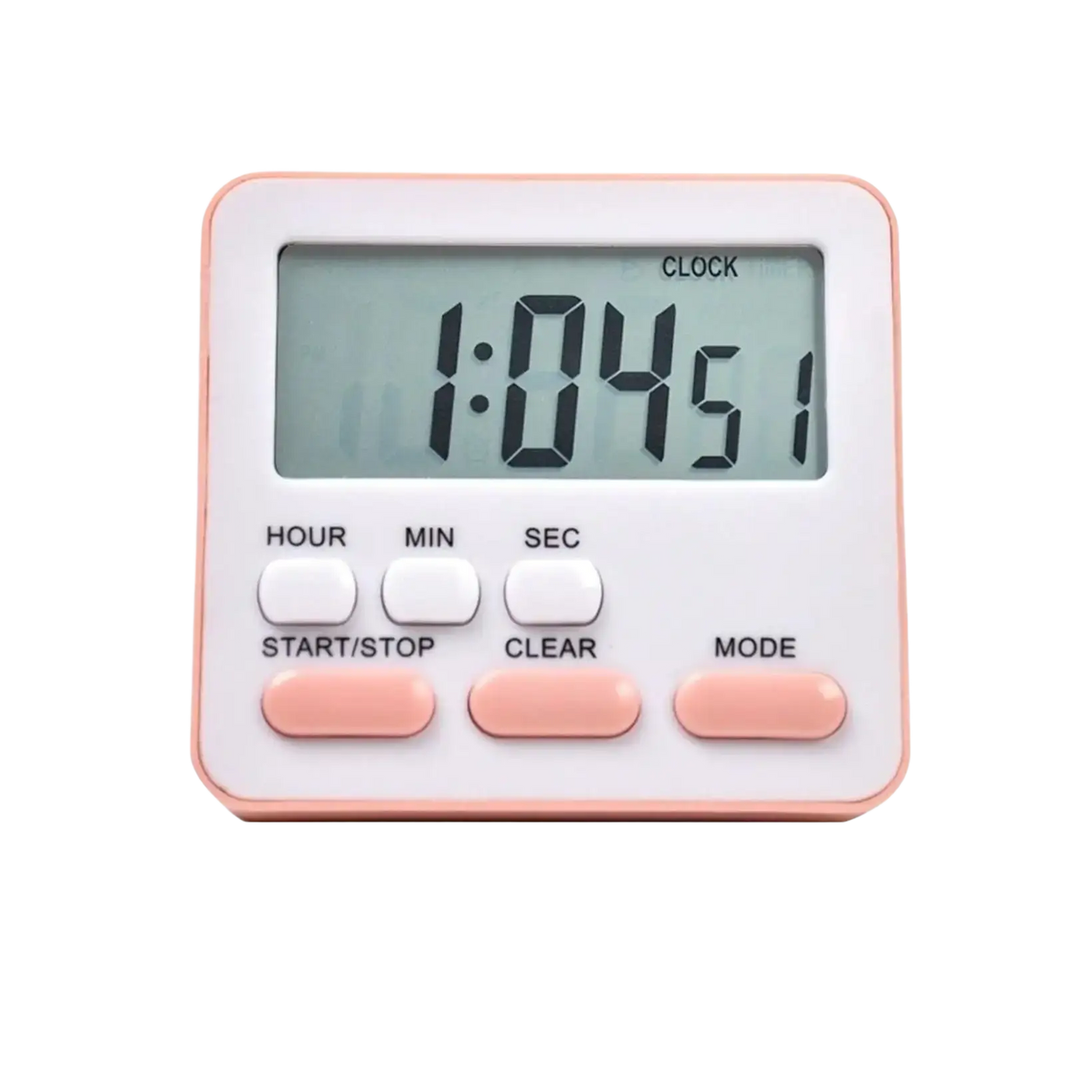 A compact digital kitchen timer with a white body and soft pink trim designed for silent countdown use
