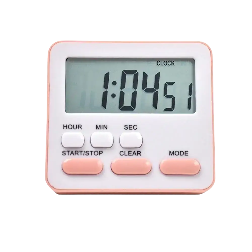 A compact digital kitchen timer with a white body and soft pink accents for silent countdown tracking