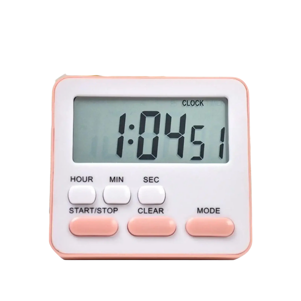 Pastel pink and white digital kitchen timer with silent countdown and rectangular display showing 1 04 51