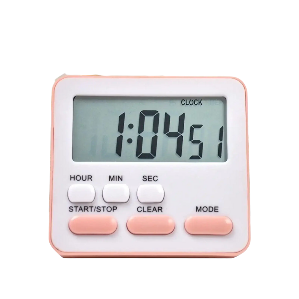 Pastel pink and white digital kitchen timer with silent countdown and rectangular display showing 1 04 51