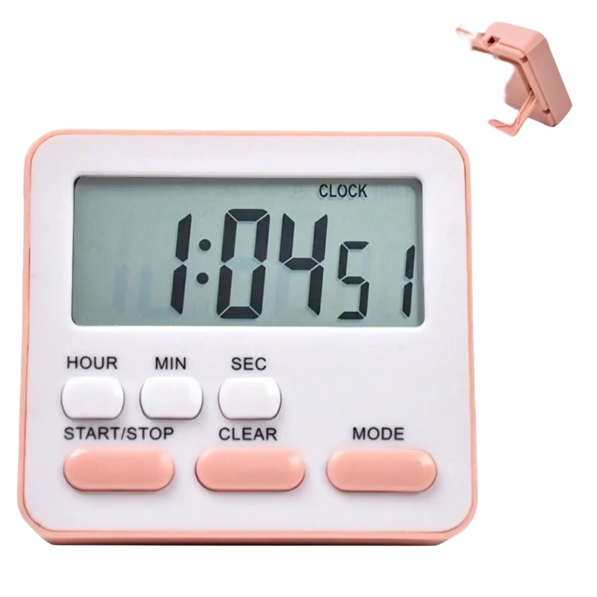 Pink and white digital kitchen timer with silent countdown and labeled buttons showing 1:04:51 on rectangular display