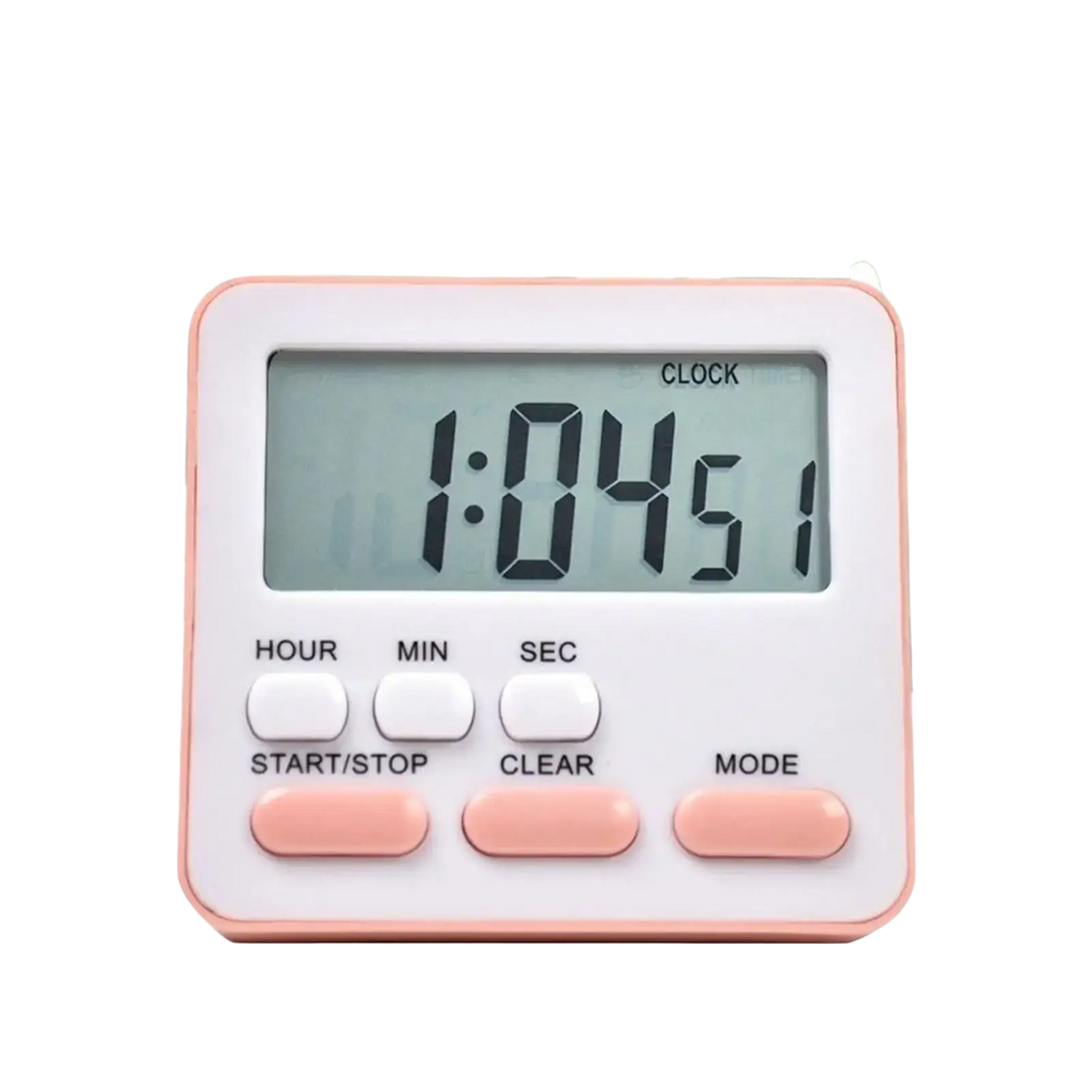 A compact digital kitchen timer in white and soft pink with an LCD screen showing 1:04:51 silent countdown clock