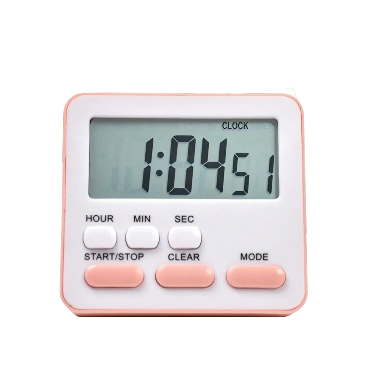 A compact digital kitchen timer in white and soft pink with an LCD screen showing 1:04:51 silent countdown clock