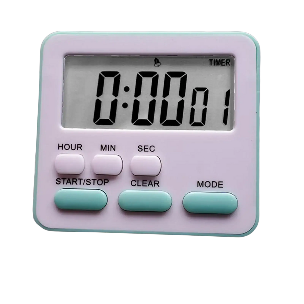 Digital kitchen timer silent countdown clock with light mint green and white plastic casing and black led display