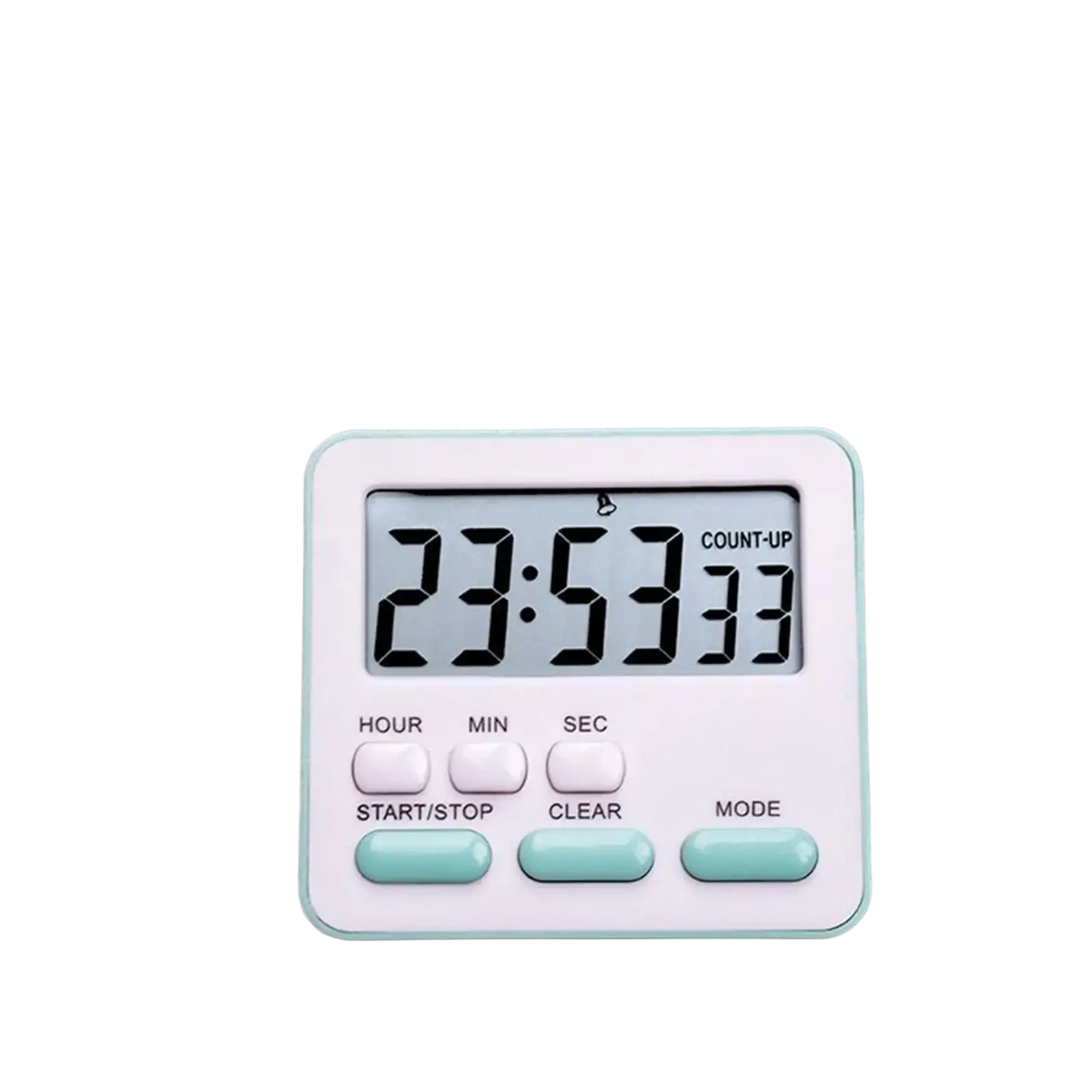A compact white and mint green digital kitchen timer with a silent countdown clock showing 23 53 33