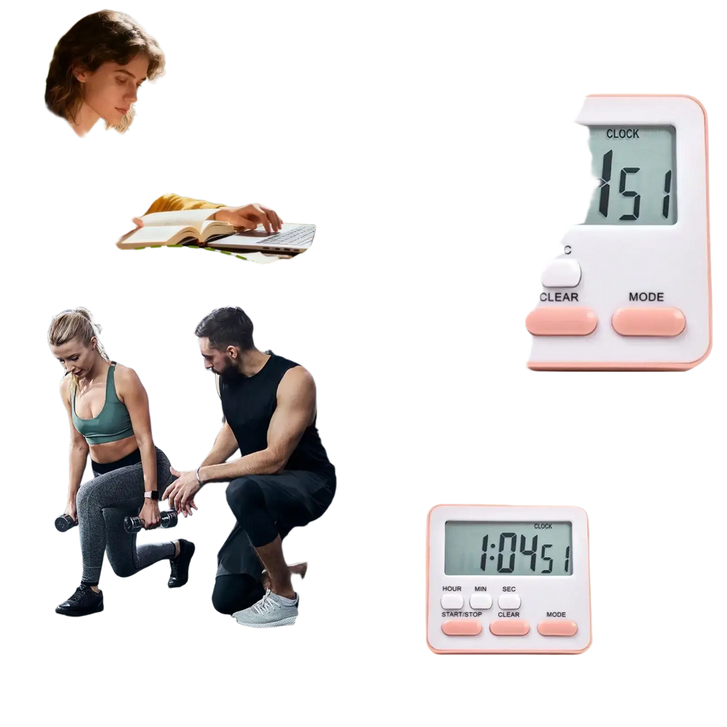 Pink digital kitchen timer with silent countdown clock features soft-touch buttons and rectangular display for precise timing