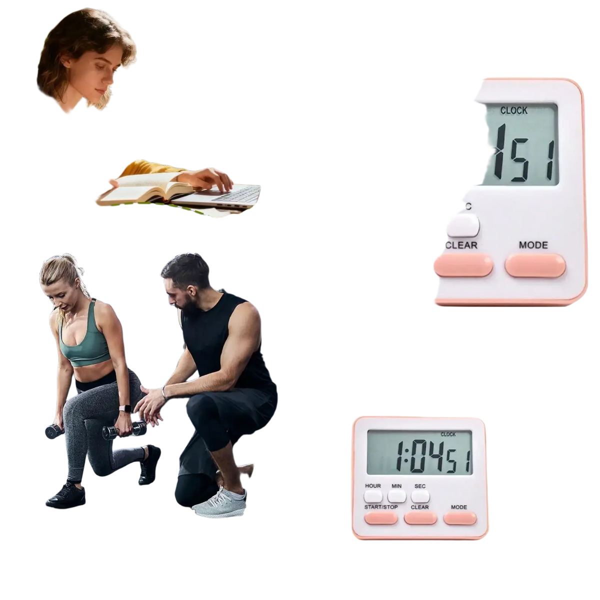 Pink digital kitchen timer with silent countdown clock features soft-touch buttons and rectangular display for precise timing