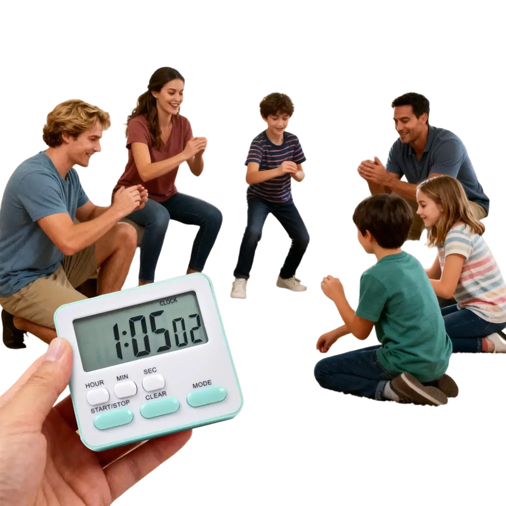 White digital kitchen timer with light blue accents silent countdown clock displaying 1 hour 5 minutes and 2 seconds