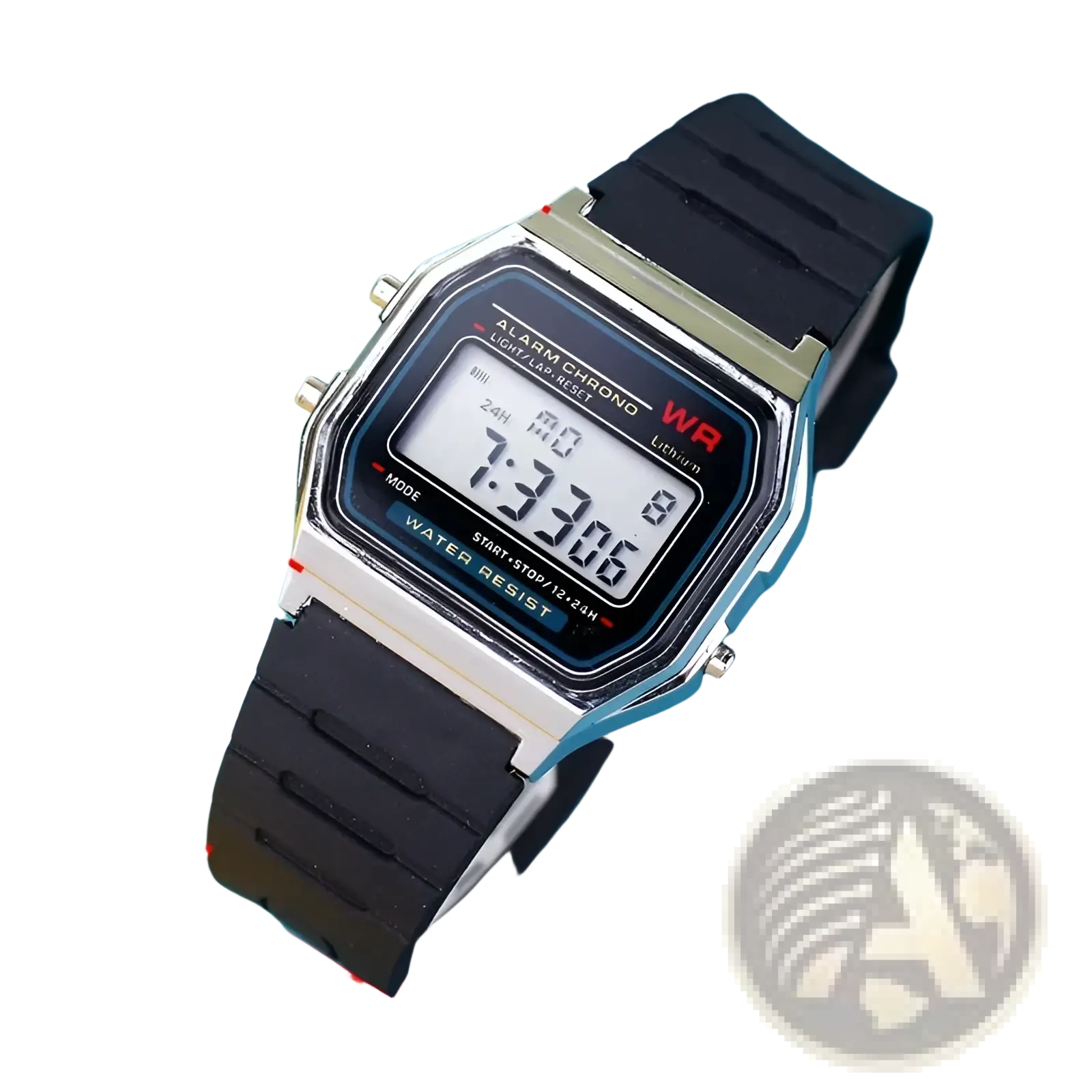 Digital led sport watch with black rubber strap silver-toned rectangular case and retro design unisex wristwatch