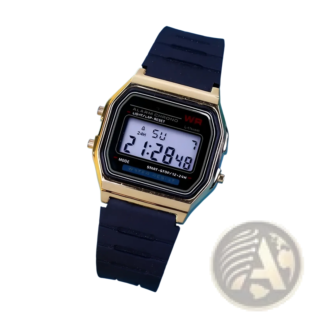 Gold-tone digital led sport watch with black rubber strap and rectangular face displaying time 2 28 unisex wristwatch
