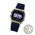 Gold-tone digital led sport watch with black rubber strap and rectangular face displaying time 2 28 unisex wristwatch