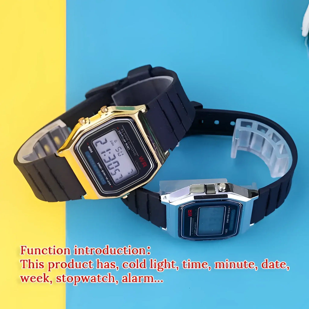 Gold and silver digital led sport watches with black rubber straps unisex wristwatches displayed side by side