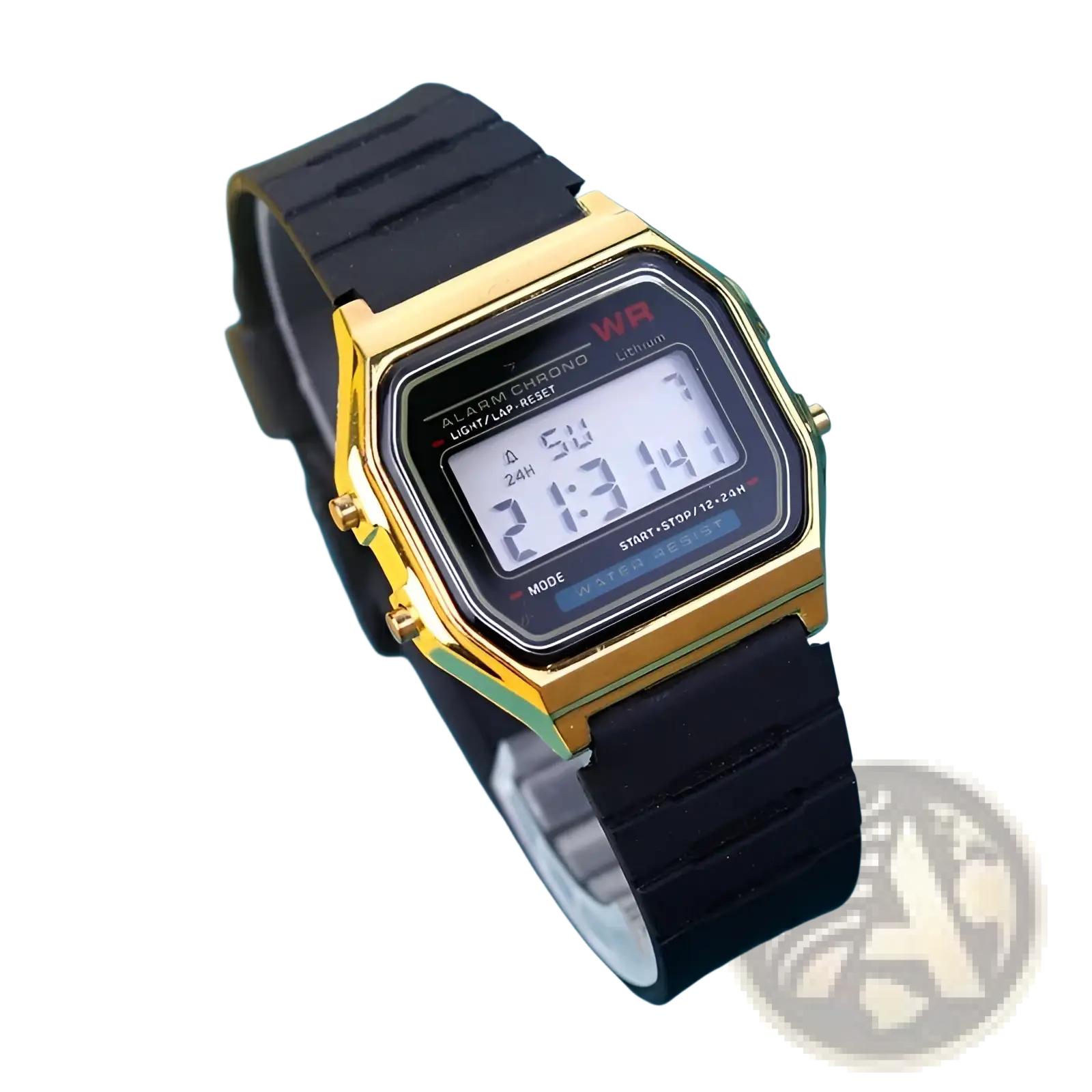 Gold-tone digital led sport watch with rectangular lcd face and black rubber strap unisex wristwatch