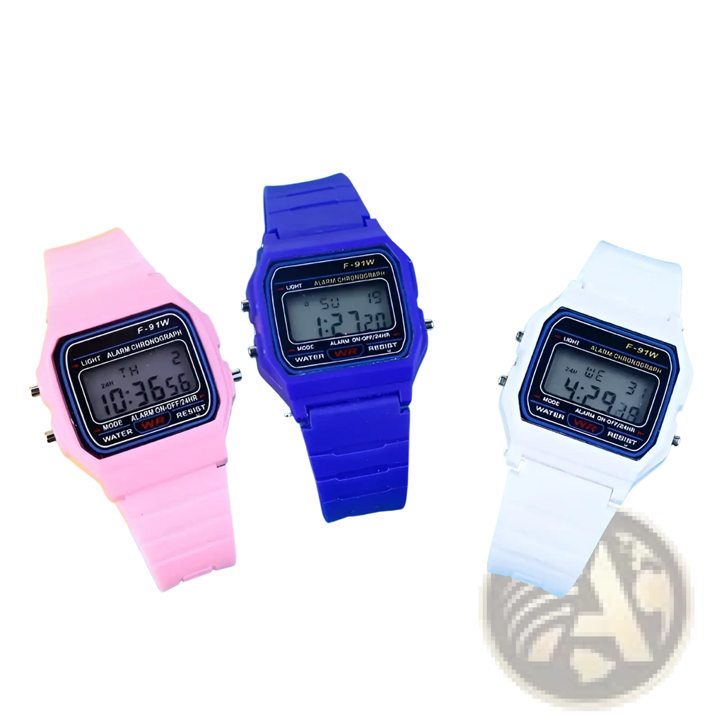 Three digital led sport watches with colorful pink blue and white silicone rubber straps and rectangular cases