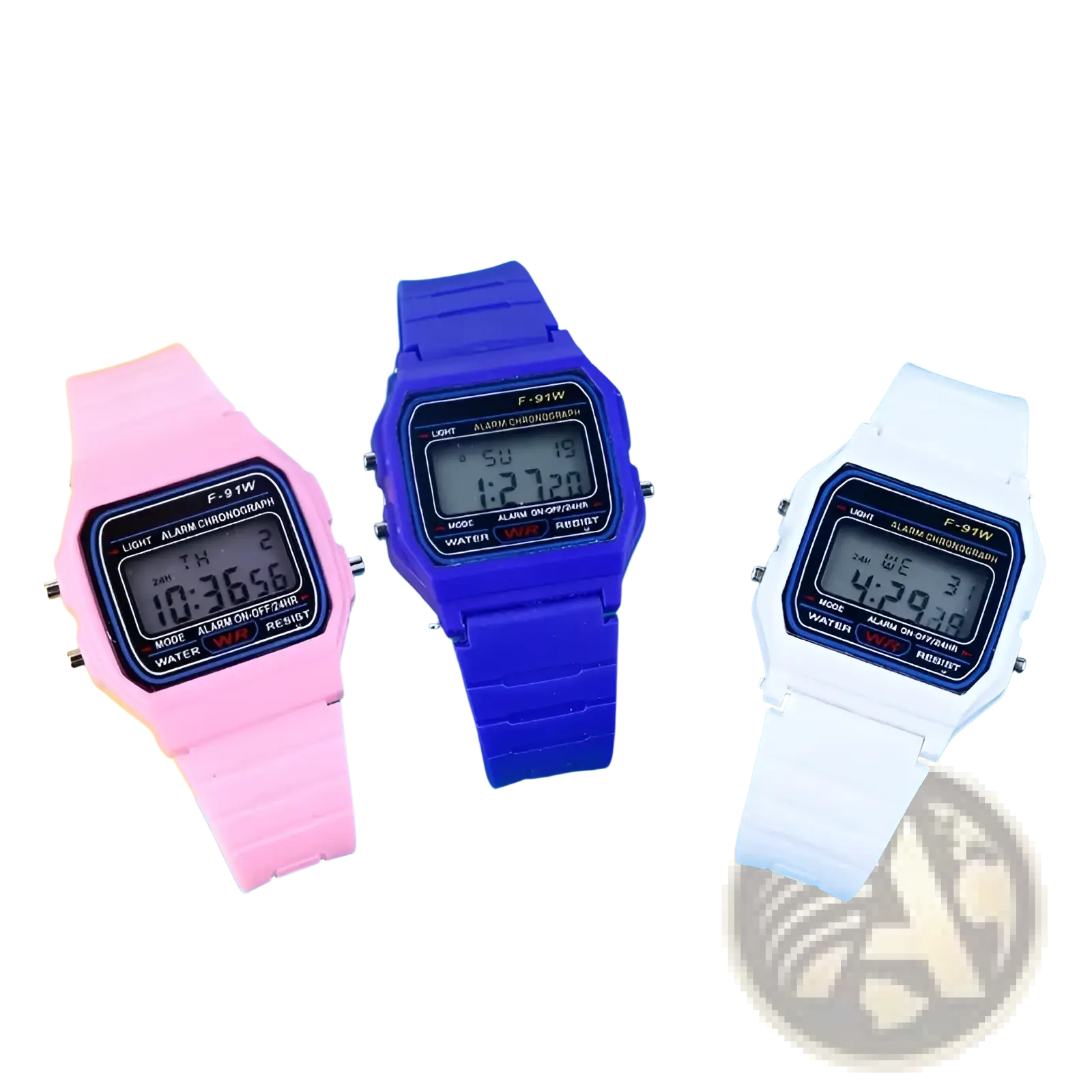 Three digital led sport watches with colorful pink blue and white silicone rubber straps and rectangular cases