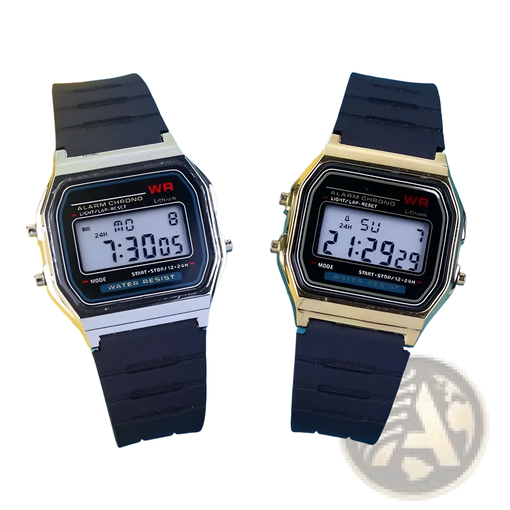 Two digital led sport watches with black rubber straps and rectangular silver-tone and gold-tone metal cases