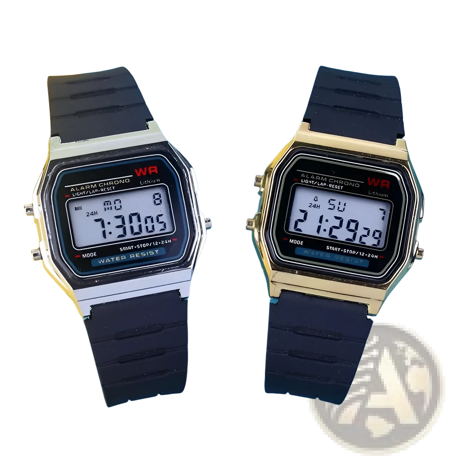 Two digital led sport watches with black rubber straps and rectangular silver-tone and gold-tone metal cases