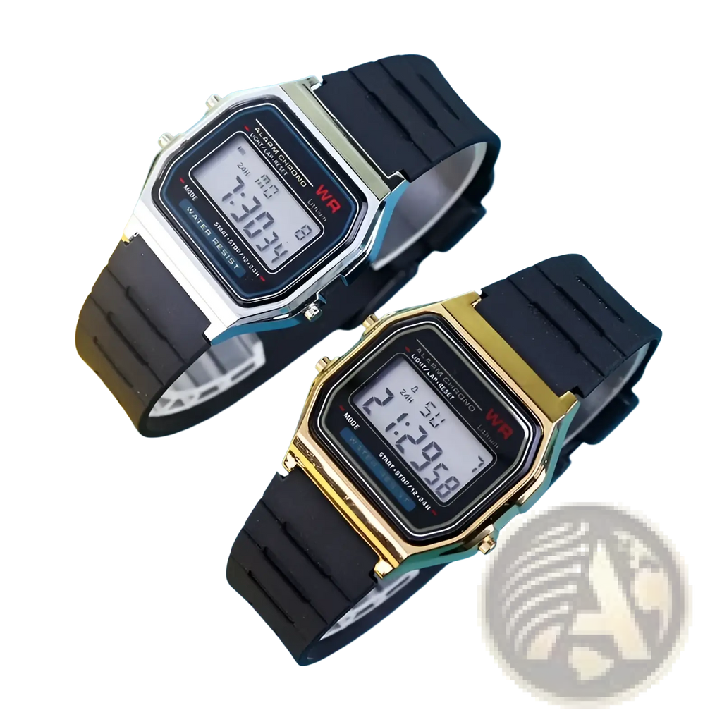 Two digital led sport watches with black rubber straps and metallic rectangular cases in silver and gold tones