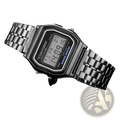 Silver digital led watch with rectangular case, black display, and stainless steel link bracelet, waterproof design