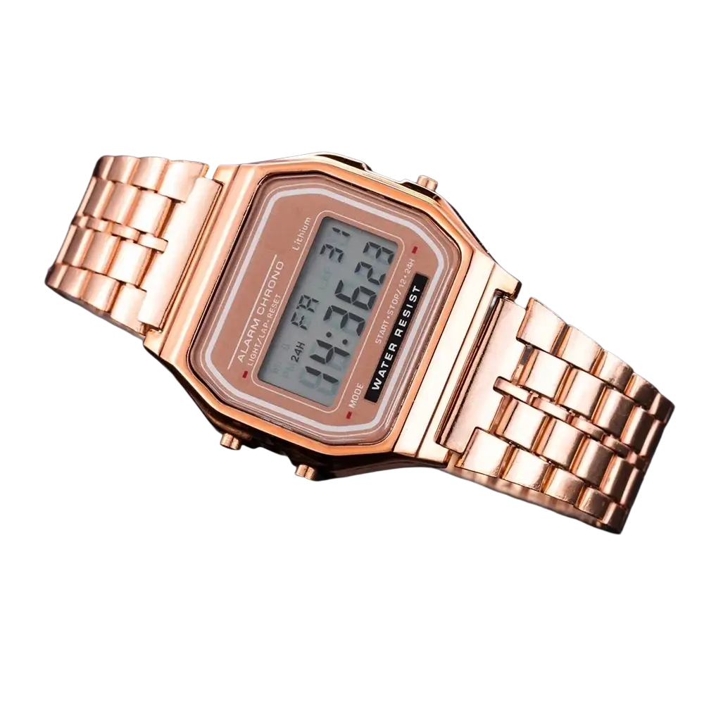 Rose gold digital led watch with rectangular face and stainless steel link bracelet waterproof wristwatch