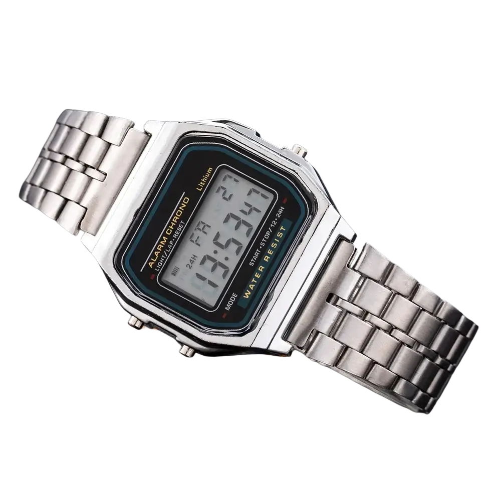 Silver digital led watch with rectangular face stainless steel band and black display waterproof wristwatch