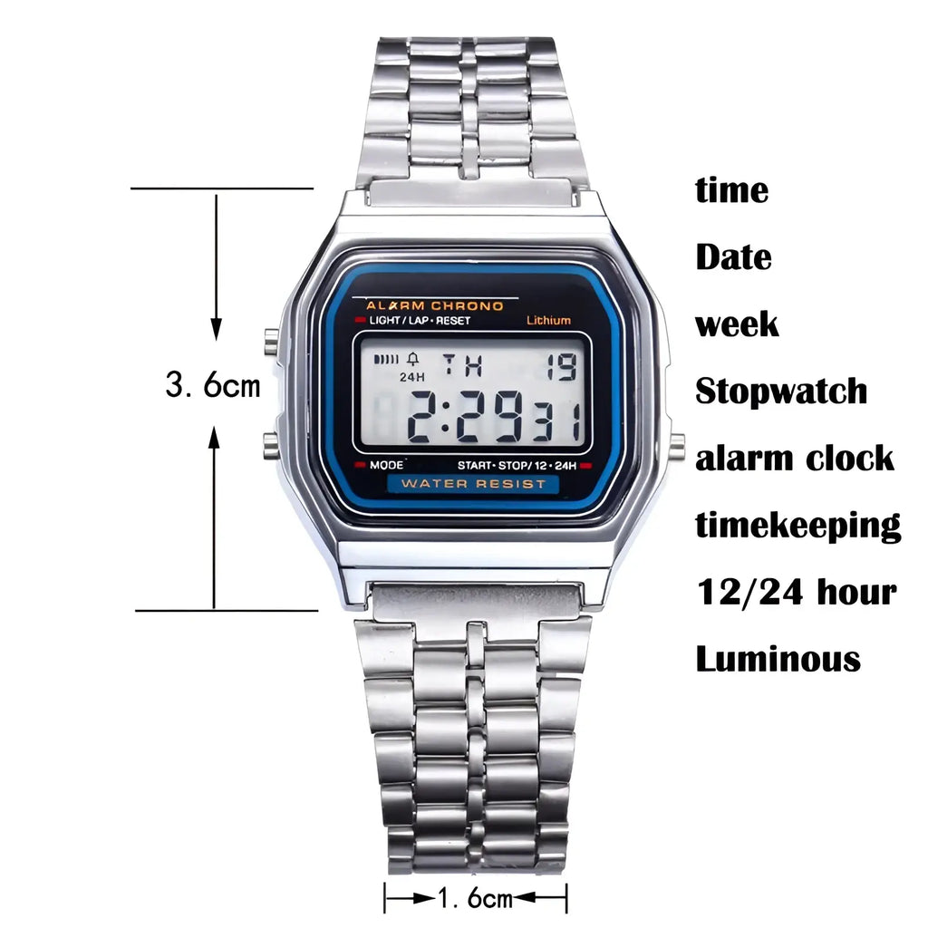 Silver digital led watch with rectangular face blue backlighting and waterproof stainless steel link bracelet
