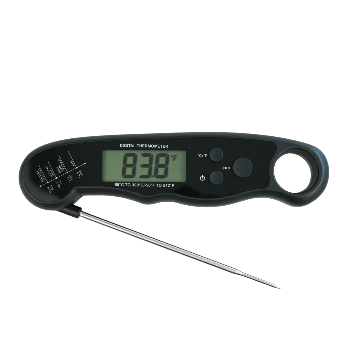 Digital meat thermometer instant read cooking food probe with black body, silver probe, and green display showing 83.8°f